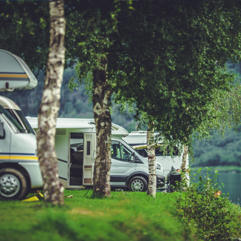 RVs on a lake campground